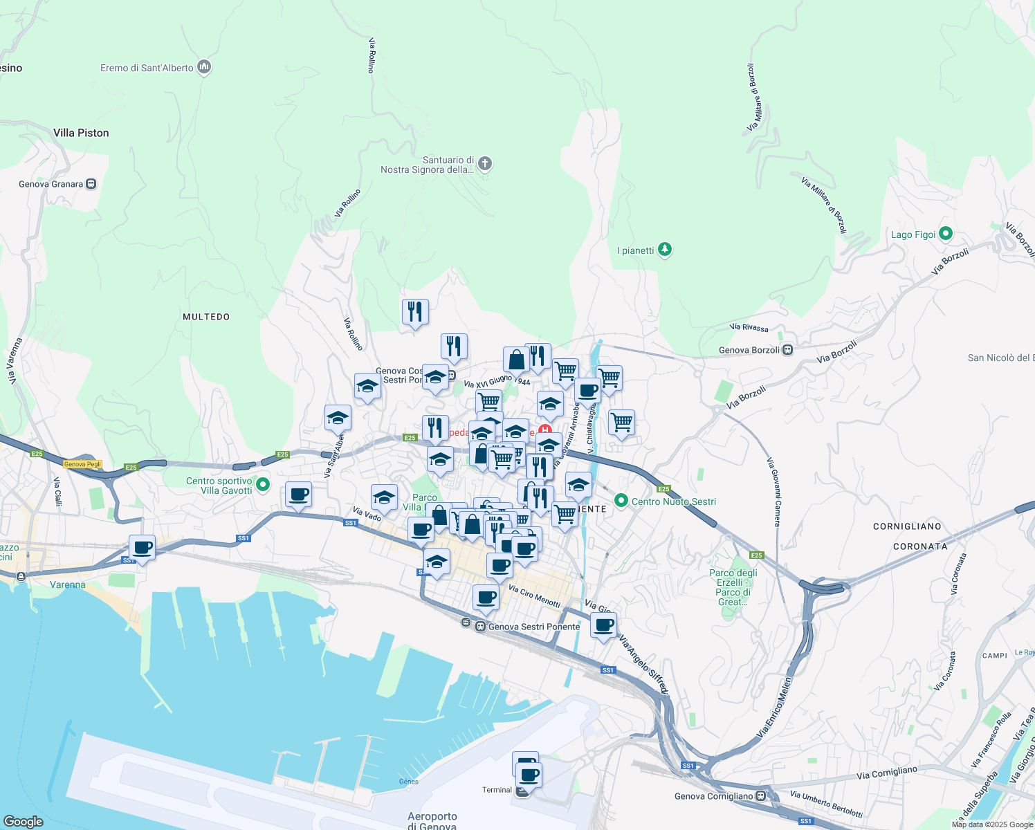 map of restaurants, bars, coffee shops, grocery stores, and more near Via Pian di Forno in Genoa