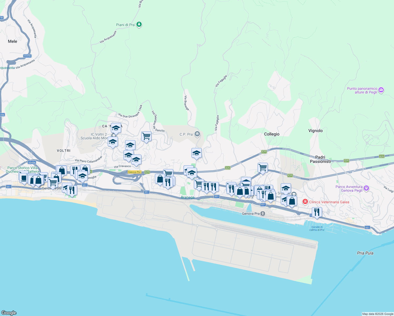 map of restaurants, bars, coffee shops, grocery stores, and more near 40 Via Branega in Genoa