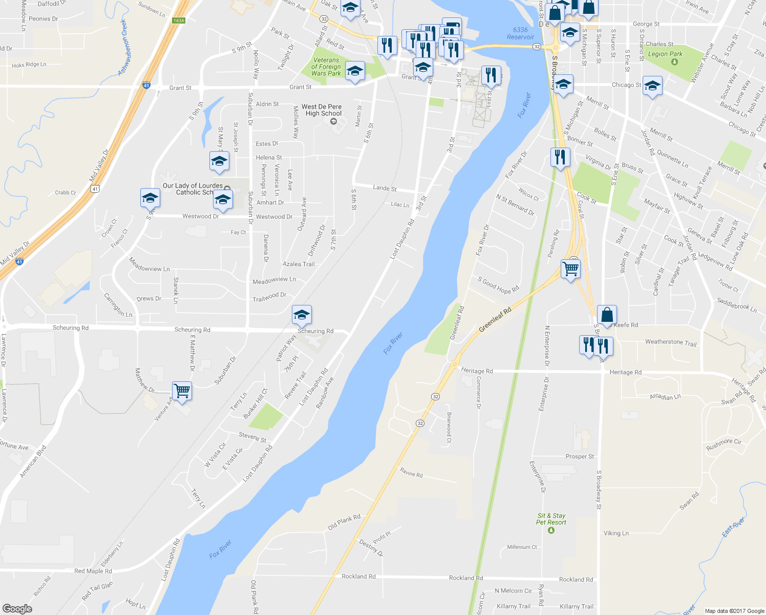 map of restaurants, bars, coffee shops, grocery stores, and more near 1551 Fox Ridge Court in De Pere