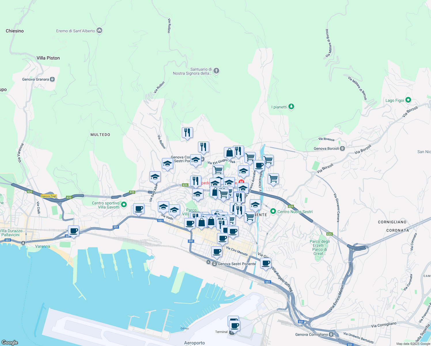 map of restaurants, bars, coffee shops, grocery stores, and more near 49 Via Paolo Toscanelli in Genova