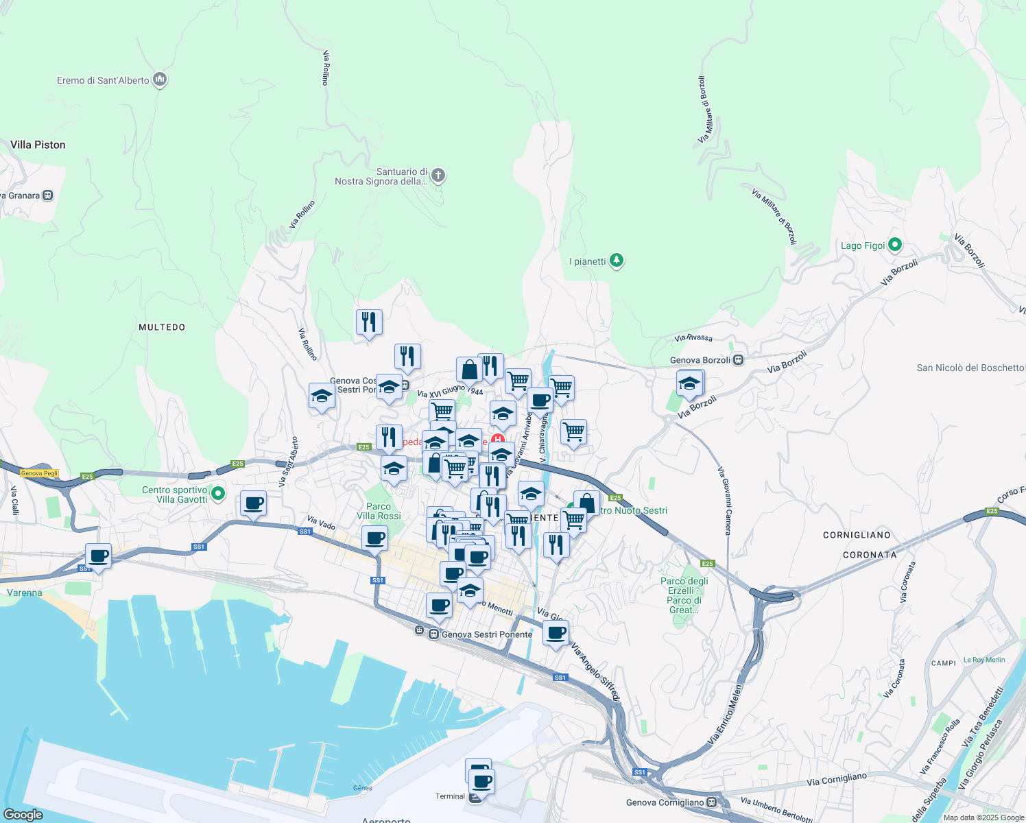 map of restaurants, bars, coffee shops, grocery stores, and more near 56 Via Giovanni Arrivabene in Genova