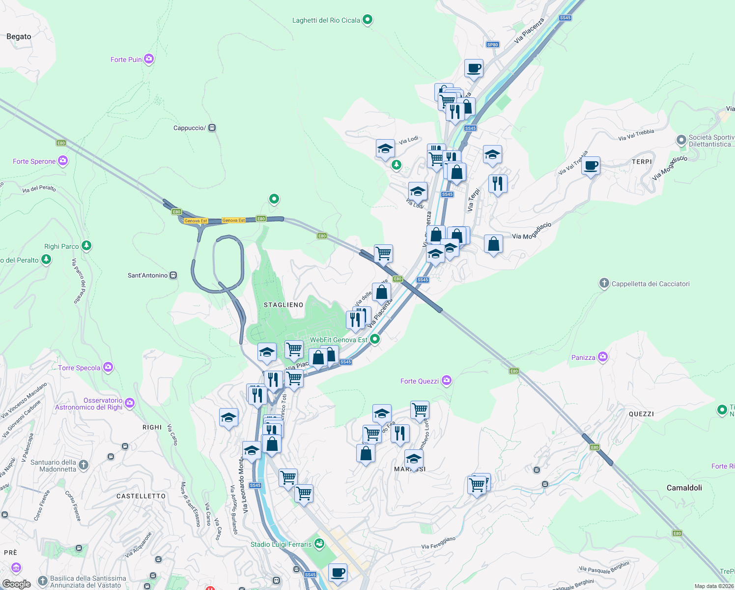map of restaurants, bars, coffee shops, grocery stores, and more near Salita Chiappa di Struppa in Genoa