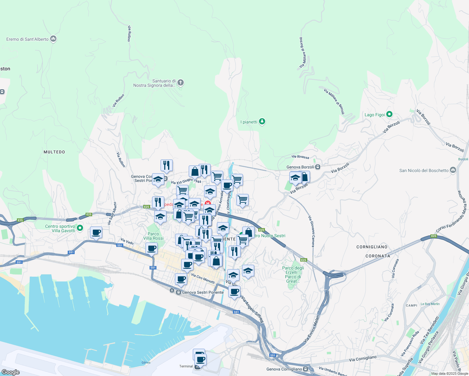 map of restaurants, bars, coffee shops, grocery stores, and more near 152 Via dell'Alloro in Genova
