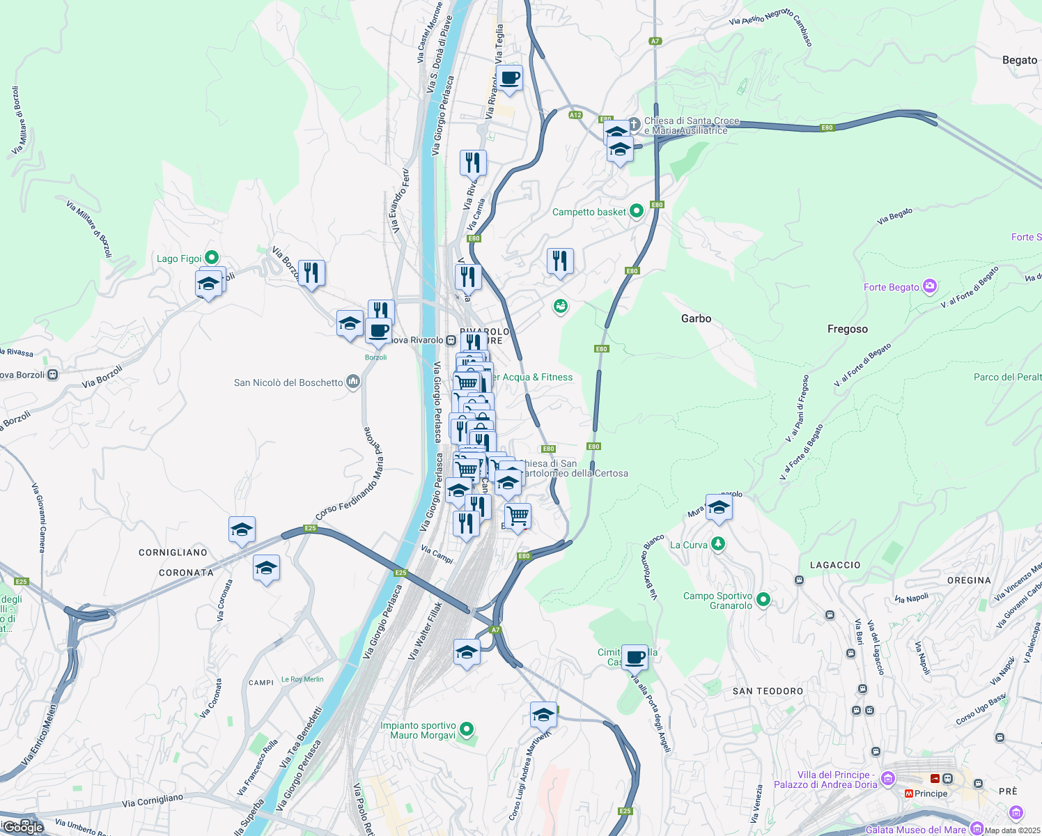 map of restaurants, bars, coffee shops, grocery stores, and more near Via Liberti in Genoa