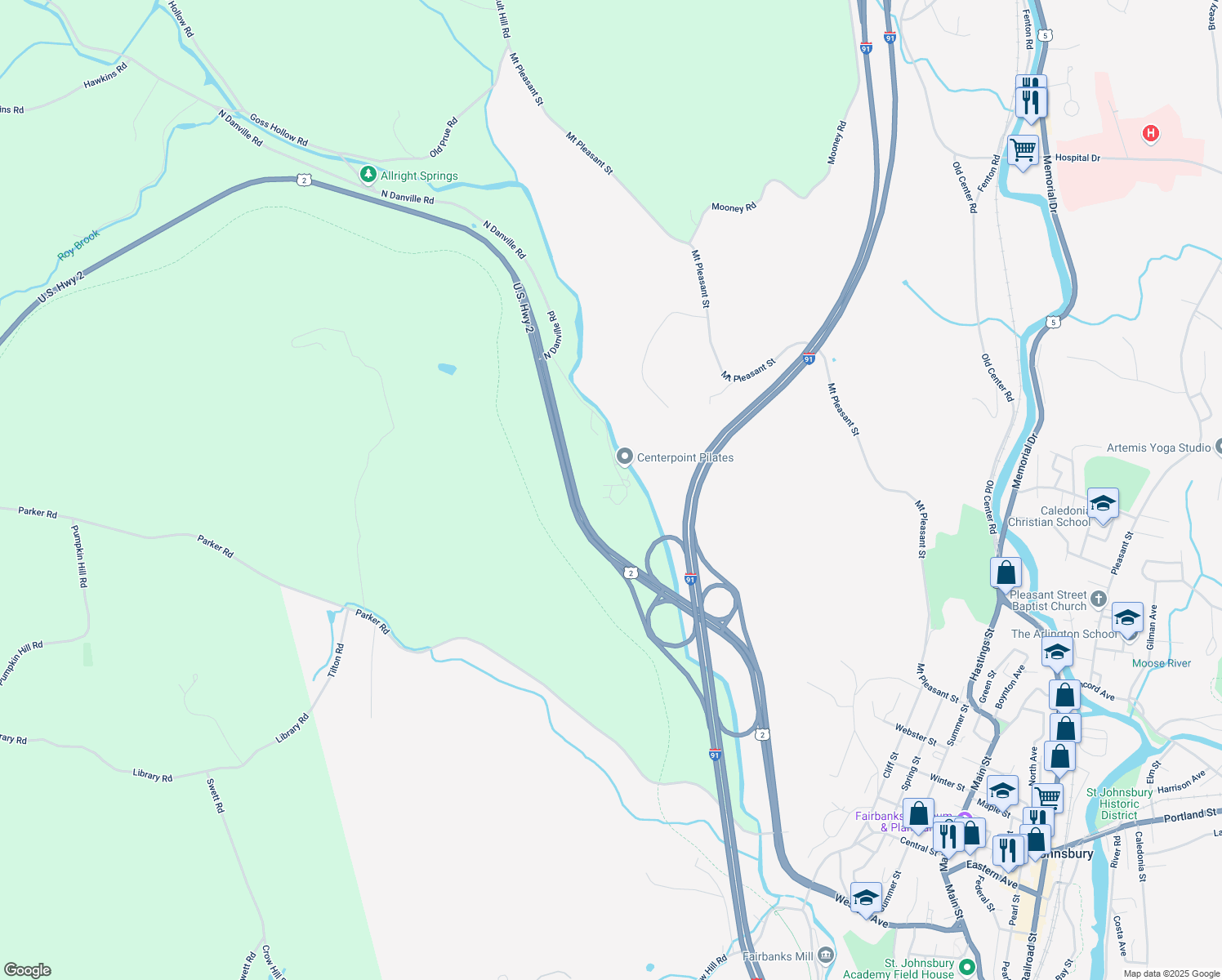 map of restaurants, bars, coffee shops, grocery stores, and more near 374 Emerson Falls Road in Saint Johnsbury