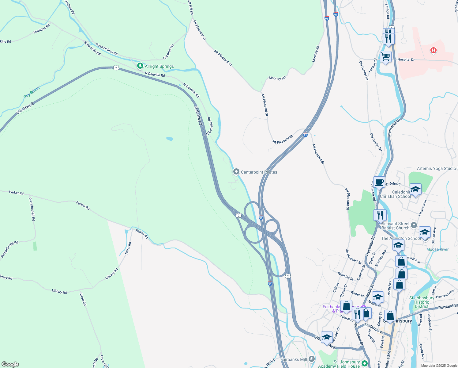 map of restaurants, bars, coffee shops, grocery stores, and more near 374 Emerson Falls Road in Saint Johnsbury
