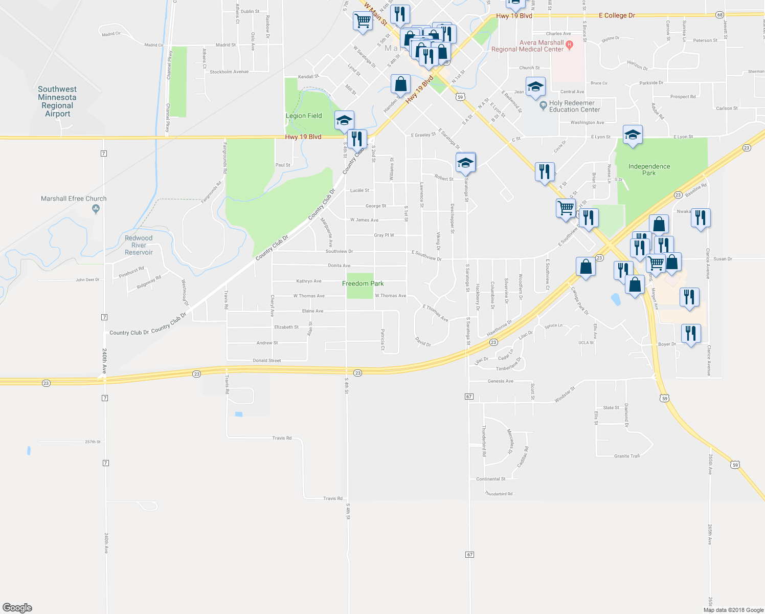 map of restaurants, bars, coffee shops, grocery stores, and more near 108 Elaine Avenue in Marshall
