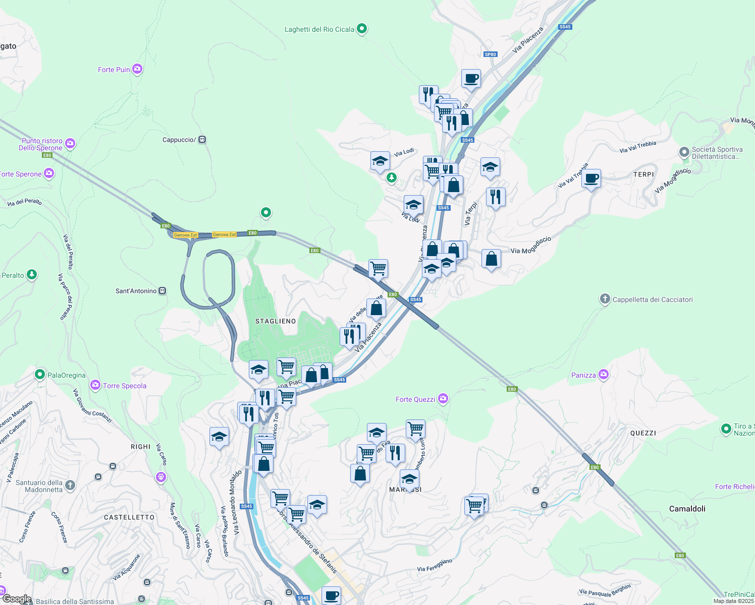 map of restaurants, bars, coffee shops, grocery stores, and more near 64 Via delle Gavette in Genova
