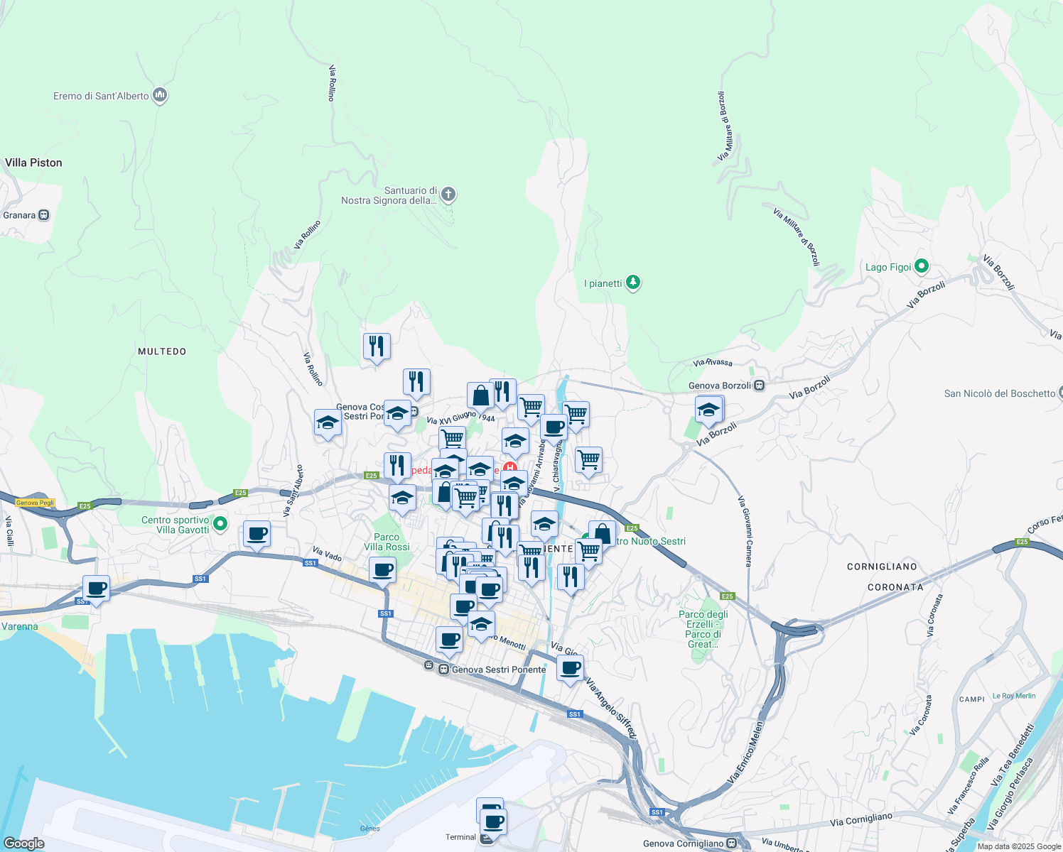 map of restaurants, bars, coffee shops, grocery stores, and more near 56 Via Giovanni Arrivabene in Genova