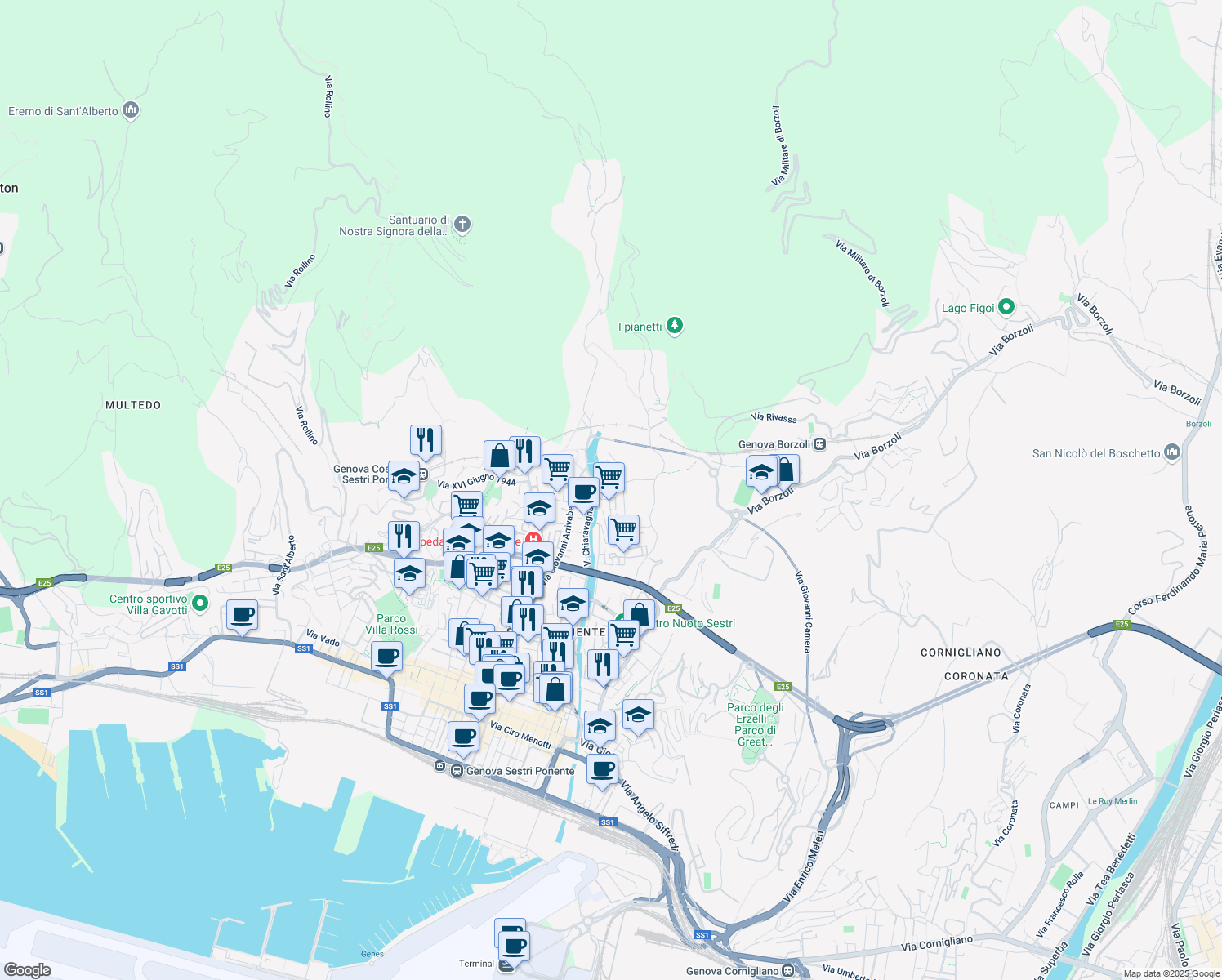 map of restaurants, bars, coffee shops, grocery stores, and more near 152 Via dell'Alloro in Genova