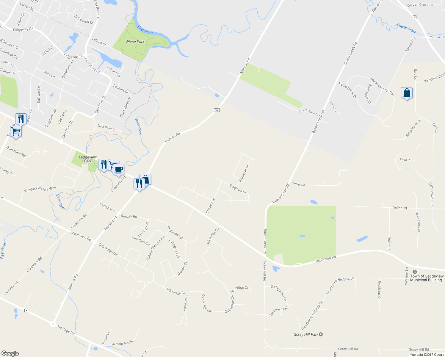 map of restaurants, bars, coffee shops, grocery stores, and more near 1395 Bingham Drive in De Pere