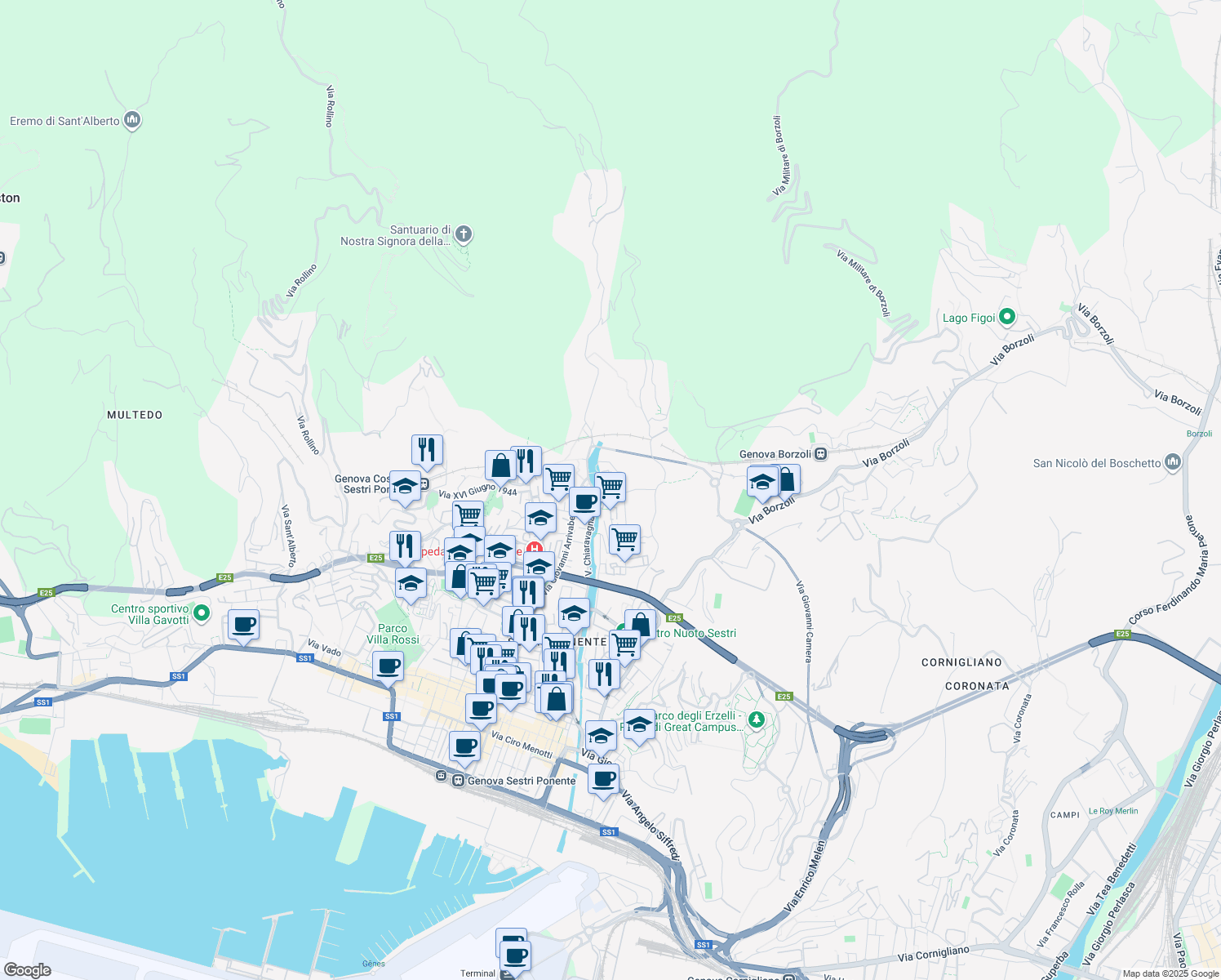 map of restaurants, bars, coffee shops, grocery stores, and more near 152 Via dell'Alloro in Genova