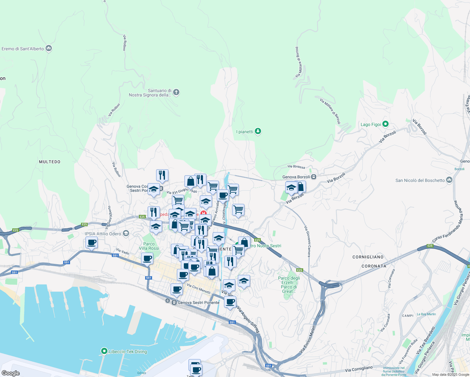 map of restaurants, bars, coffee shops, grocery stores, and more near 152 Via dell'Alloro in Genova