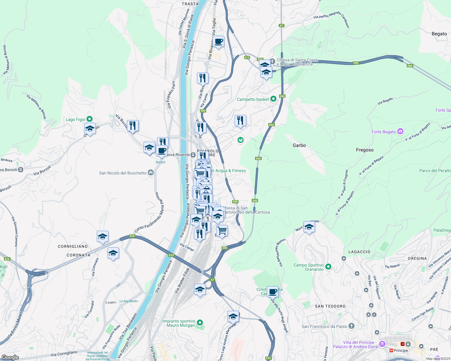 map of restaurants, bars, coffee shops, grocery stores, and more near 21/12 Via Sergio Piombelli in Genova