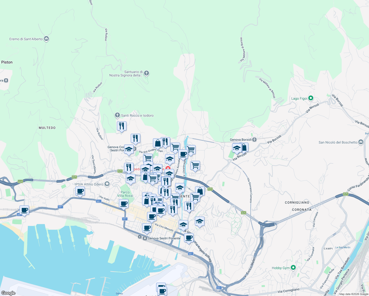 map of restaurants, bars, coffee shops, grocery stores, and more near in Genoa