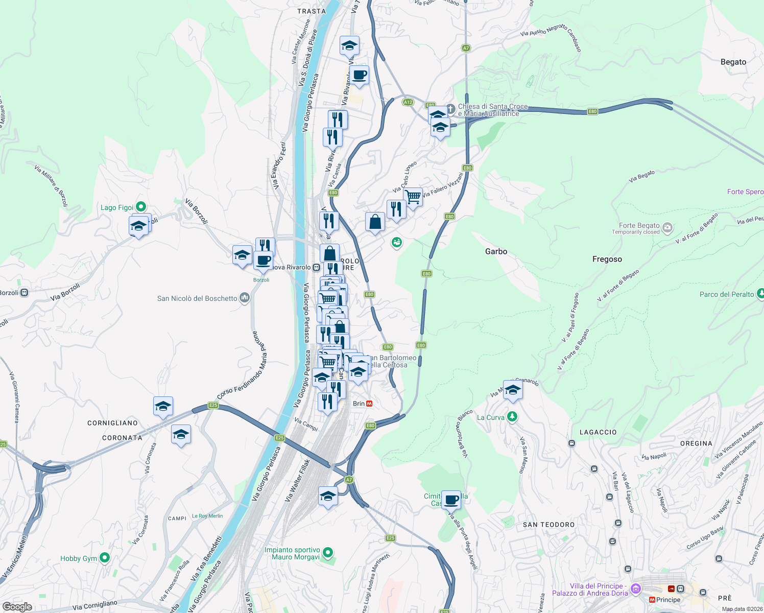 map of restaurants, bars, coffee shops, grocery stores, and more near Via Liberti in Genoa