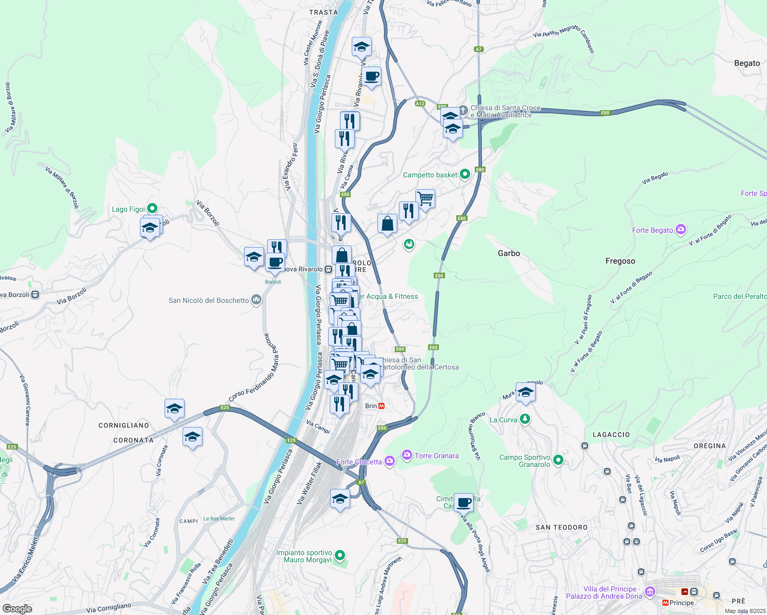 map of restaurants, bars, coffee shops, grocery stores, and more near Via Liberti in Genova