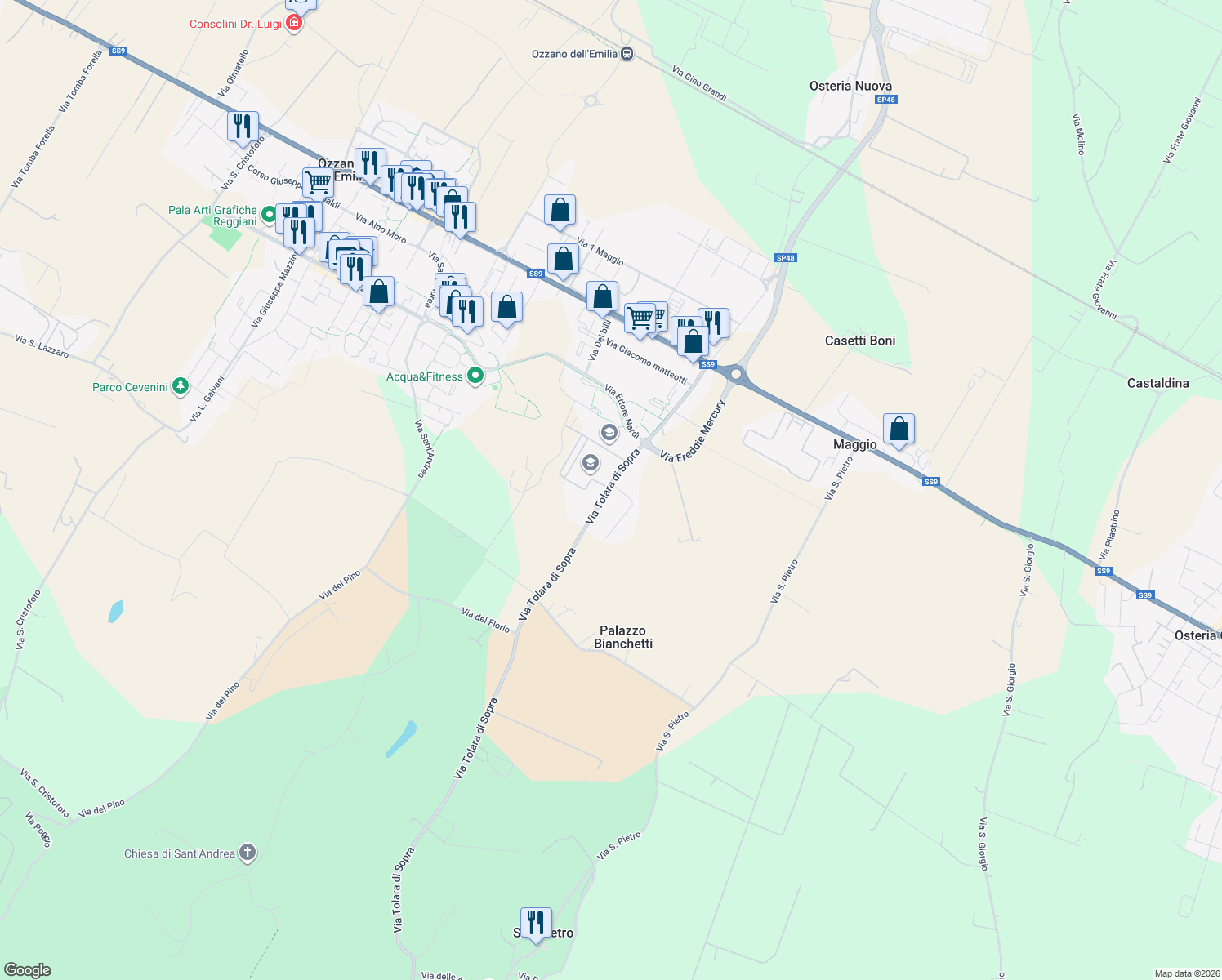 map of restaurants, bars, coffee shops, grocery stores, and more near 43 Via Tolara di Sopra in Ozzano Dell'emilia