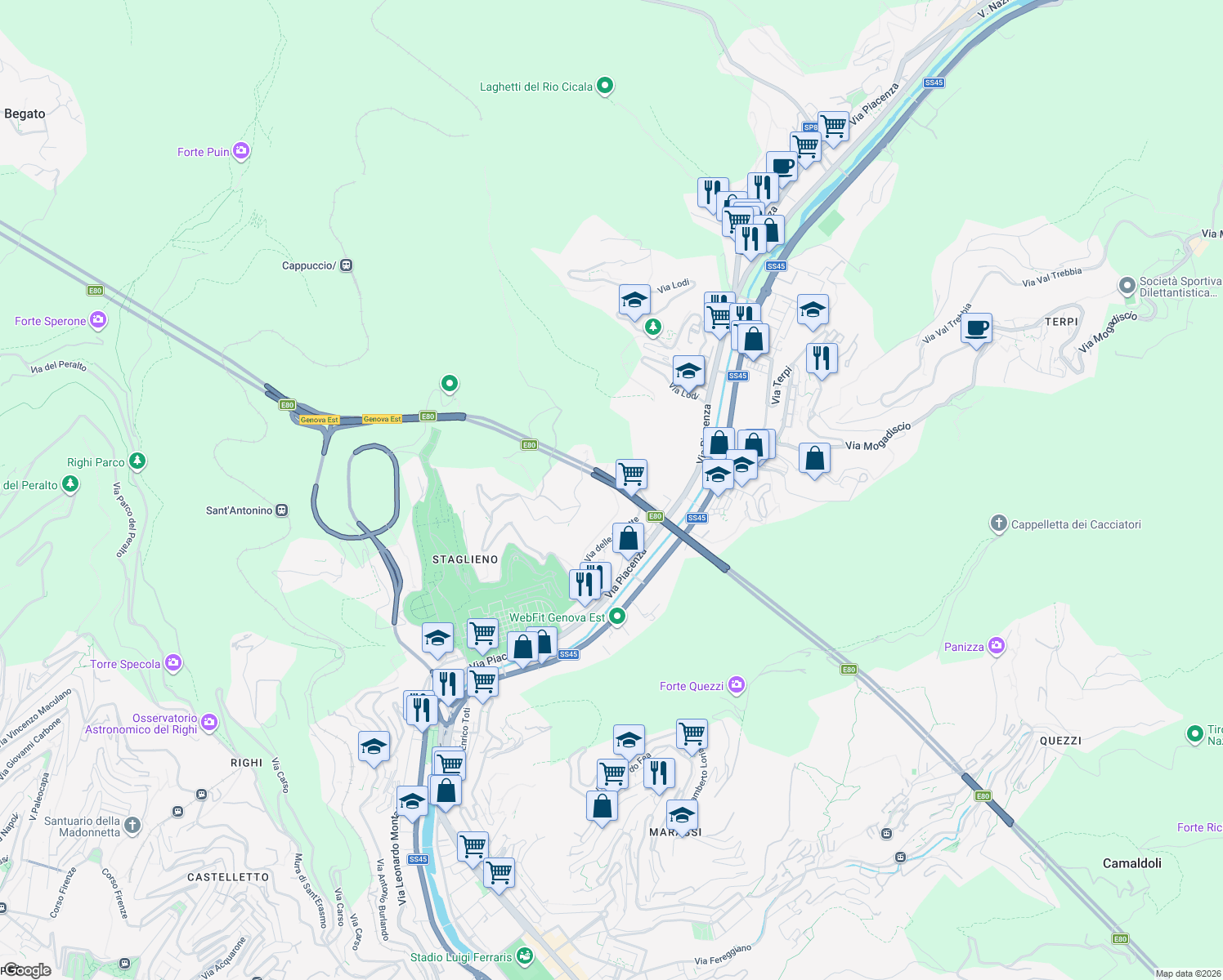 map of restaurants, bars, coffee shops, grocery stores, and more near Salita Chiappa di Struppa in Genova