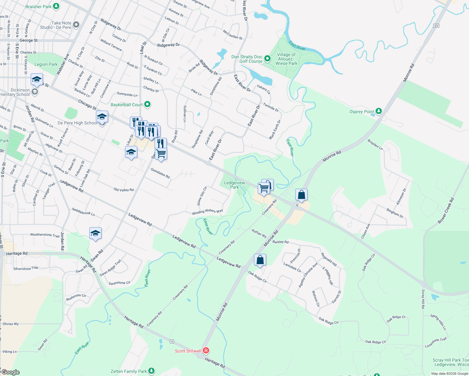 map of restaurants, bars, coffee shops, grocery stores, and more near 427 Winding Waters Way in De Pere