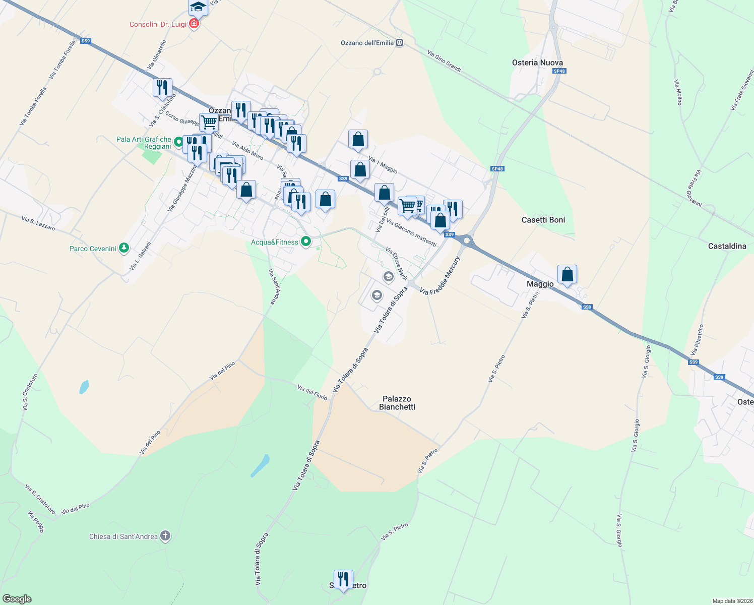 map of restaurants, bars, coffee shops, grocery stores, and more near 43 Via Tolara di Sopra in Ozzano dell'Emilia