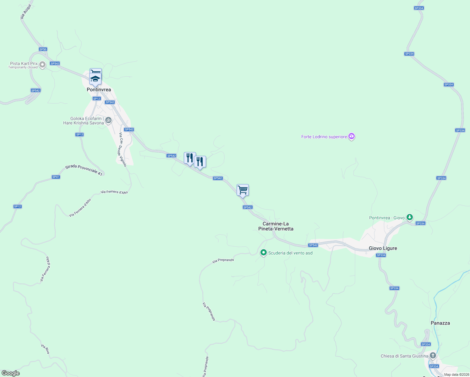 map of restaurants, bars, coffee shops, grocery stores, and more near 83 SP542 in Carmine-la Pineta-vernetta