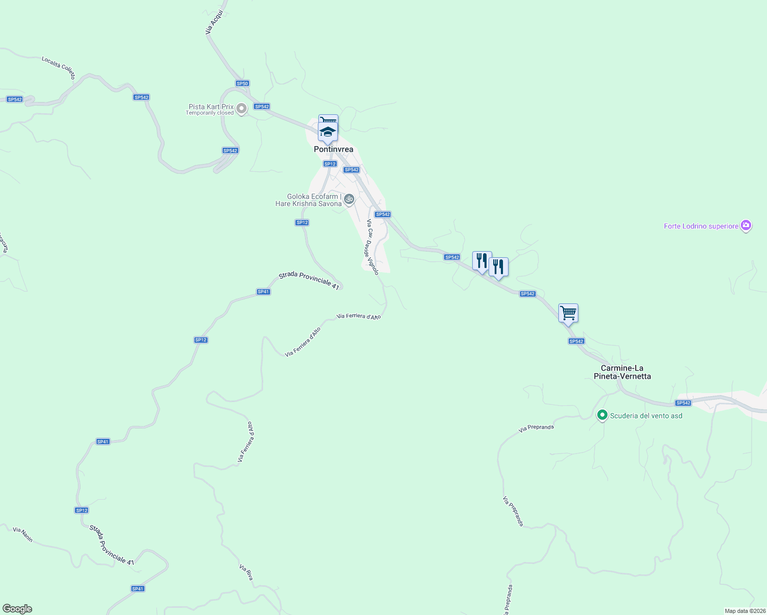 map of restaurants, bars, coffee shops, grocery stores, and more near 30 Via Ferriera d'Alto in Pontinvrea