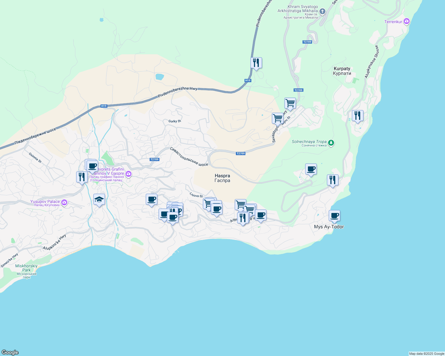 map of restaurants, bars, coffee shops, grocery stores, and more near in Haspra