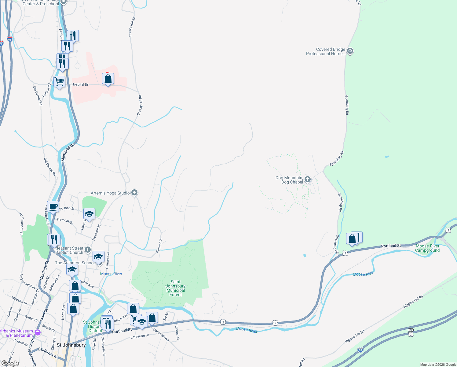 map of restaurants, bars, coffee shops, grocery stores, and more near 936 Rocky Ridge in Saint Johnsbury