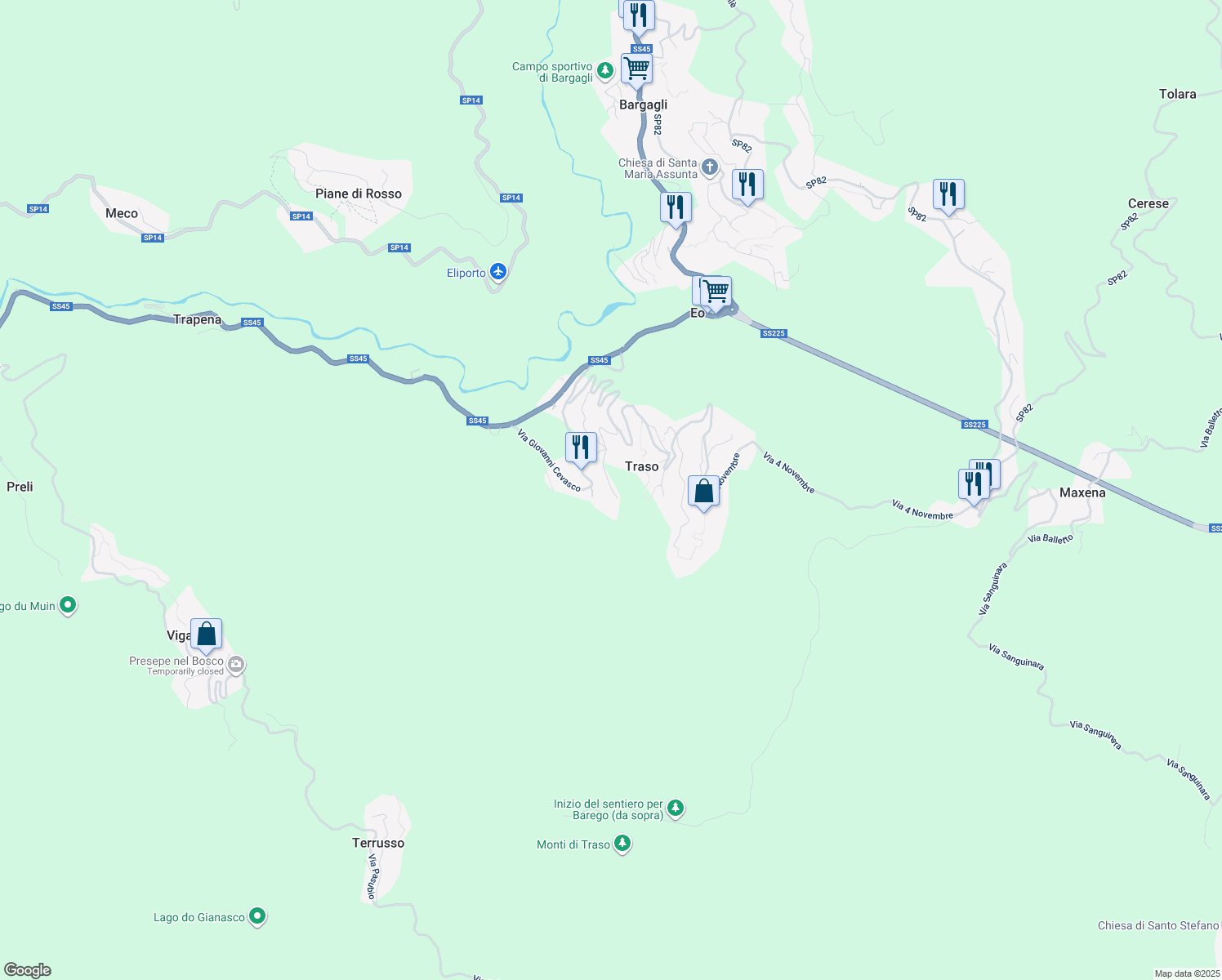 map of restaurants, bars, coffee shops, grocery stores, and more near 16 Via Trieste in Traso