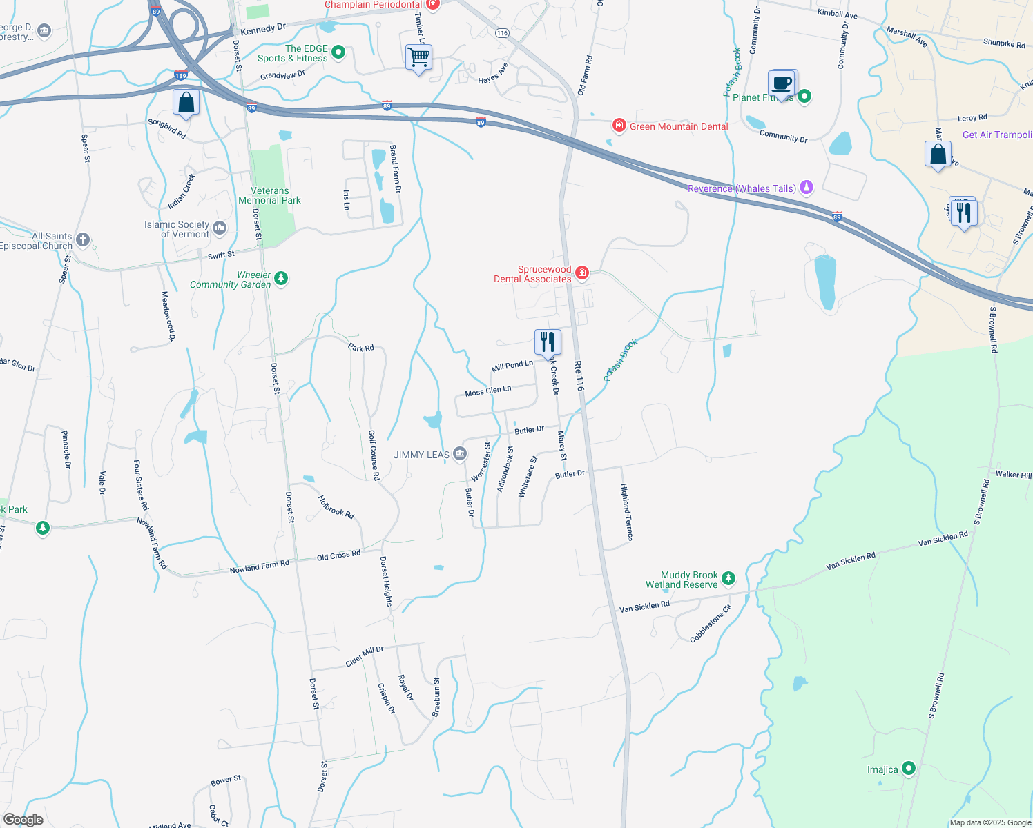 map of restaurants, bars, coffee shops, grocery stores, and more near 22 Moss Glen Ln in South Burlington