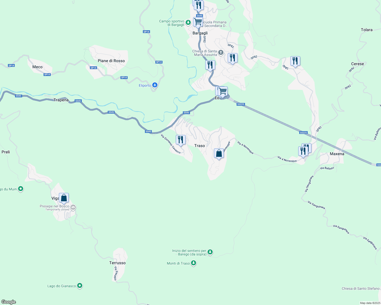 map of restaurants, bars, coffee shops, grocery stores, and more near 16 Via Trieste in Traso