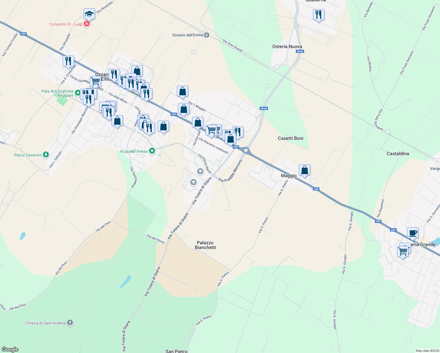 map of restaurants, bars, coffee shops, grocery stores, and more near 39 Via Tolara di Sopra in Ozzano Dell`Emilia