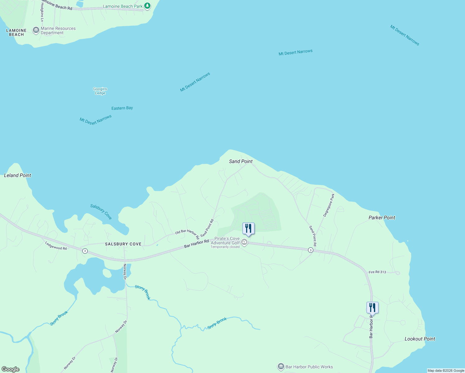 map of restaurants, bars, coffee shops, grocery stores, and more near 208 Sand Point Road in Bar Harbor
