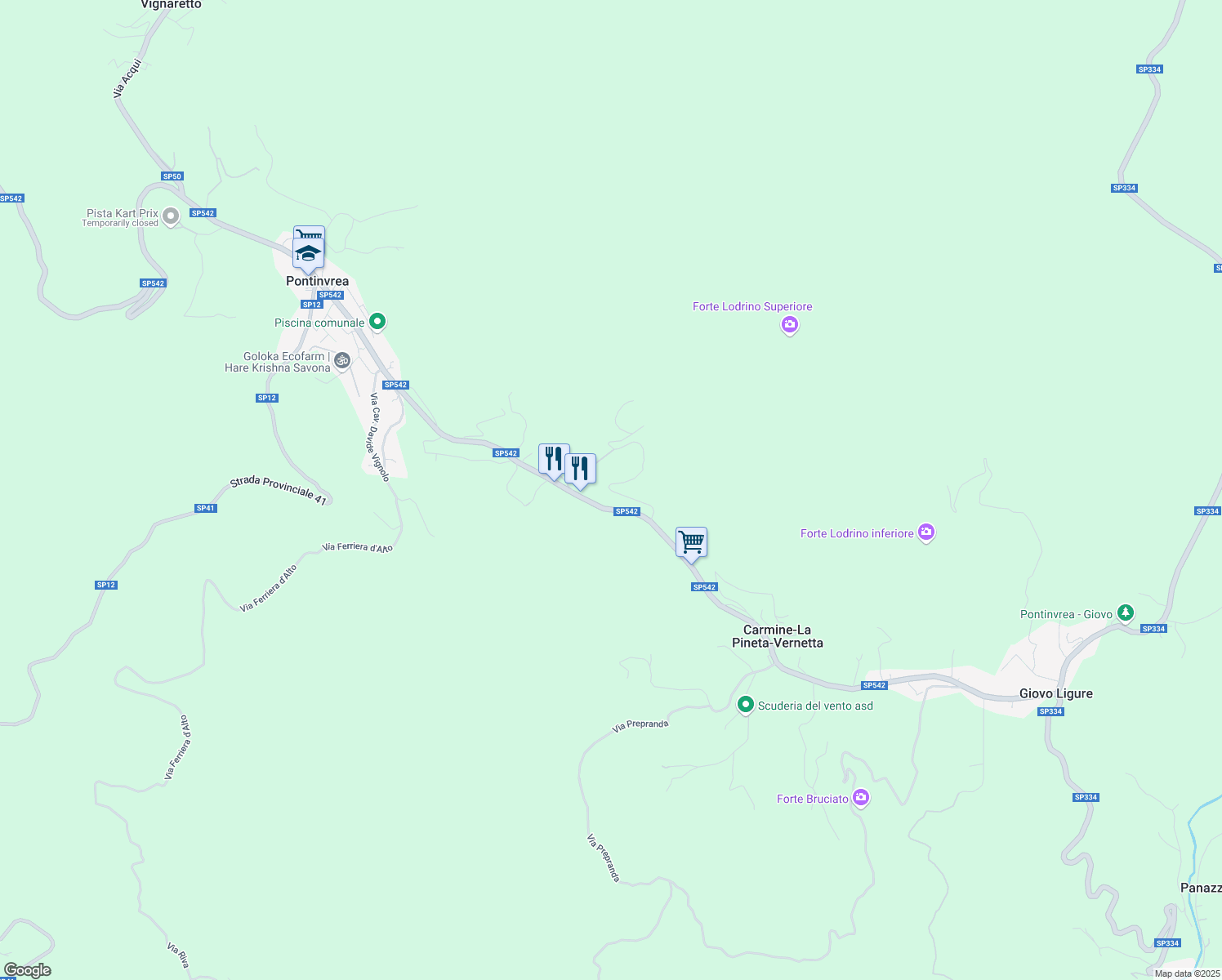 map of restaurants, bars, coffee shops, grocery stores, and more near 25 Via Giovo in Pontinvrea