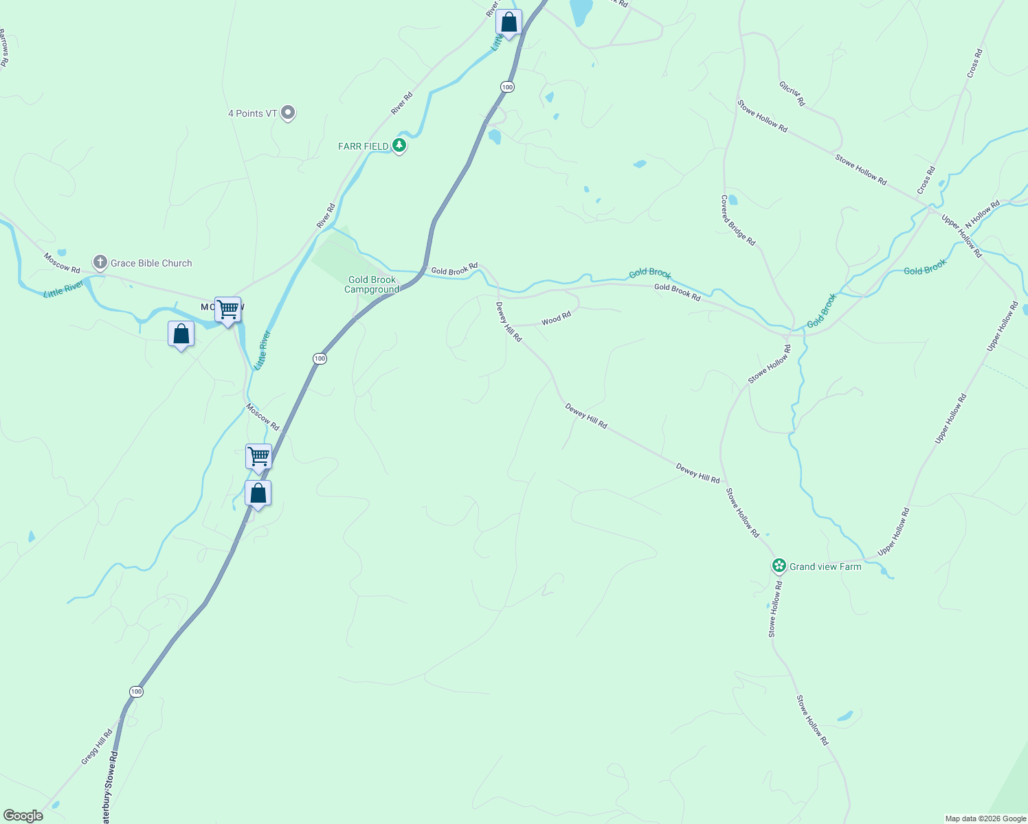 map of restaurants, bars, coffee shops, grocery stores, and more near 108 North Hill Road in Stowe
