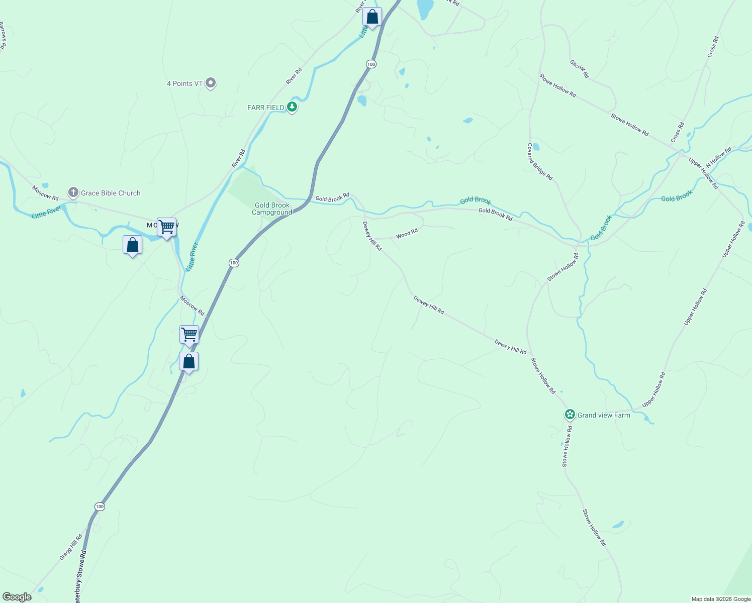 map of restaurants, bars, coffee shops, grocery stores, and more near 108 North Hill Road in Stowe