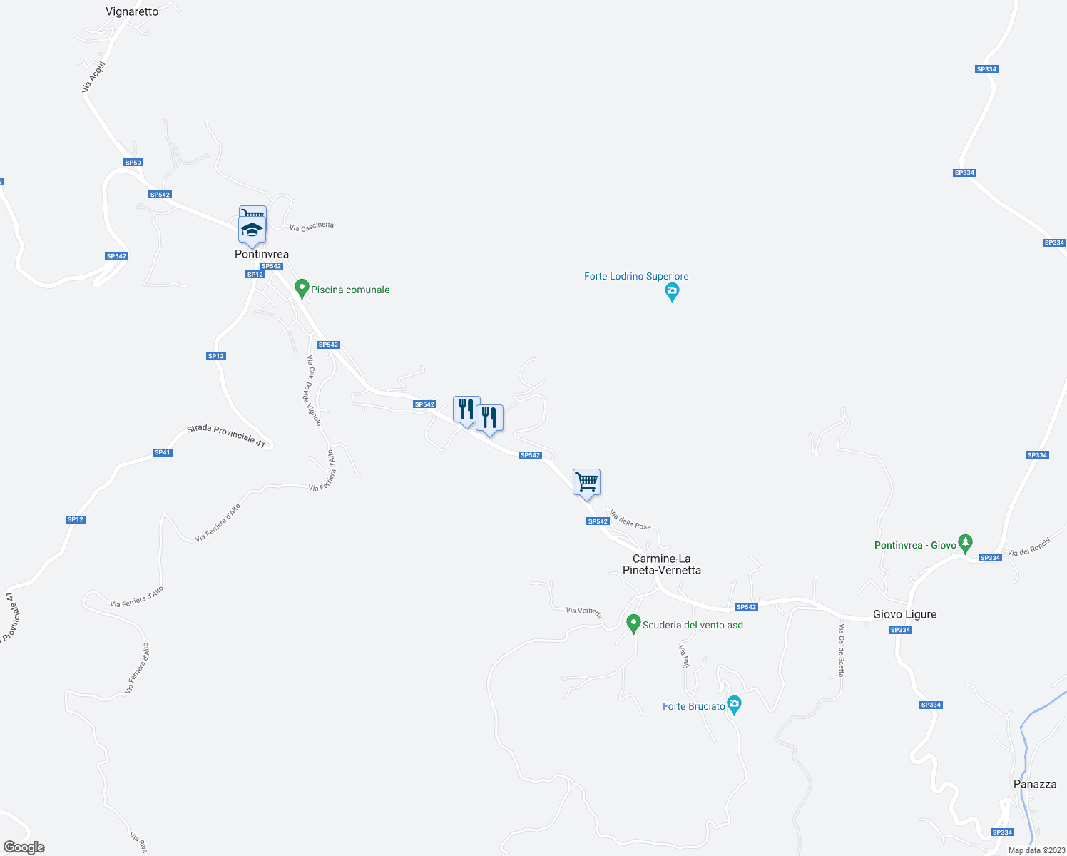 map of restaurants, bars, coffee shops, grocery stores, and more near 42 Località la Pineta in Carmine-la Pineta-vernetta
