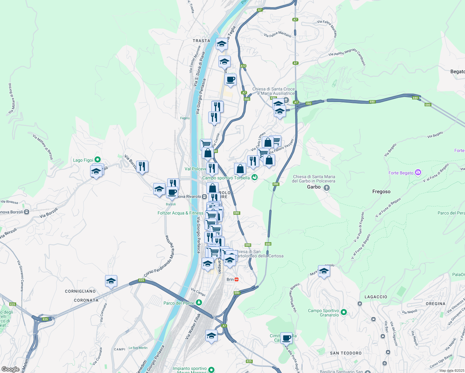 map of restaurants, bars, coffee shops, grocery stores, and more near 40 Via Faliero Vezzani in Genova