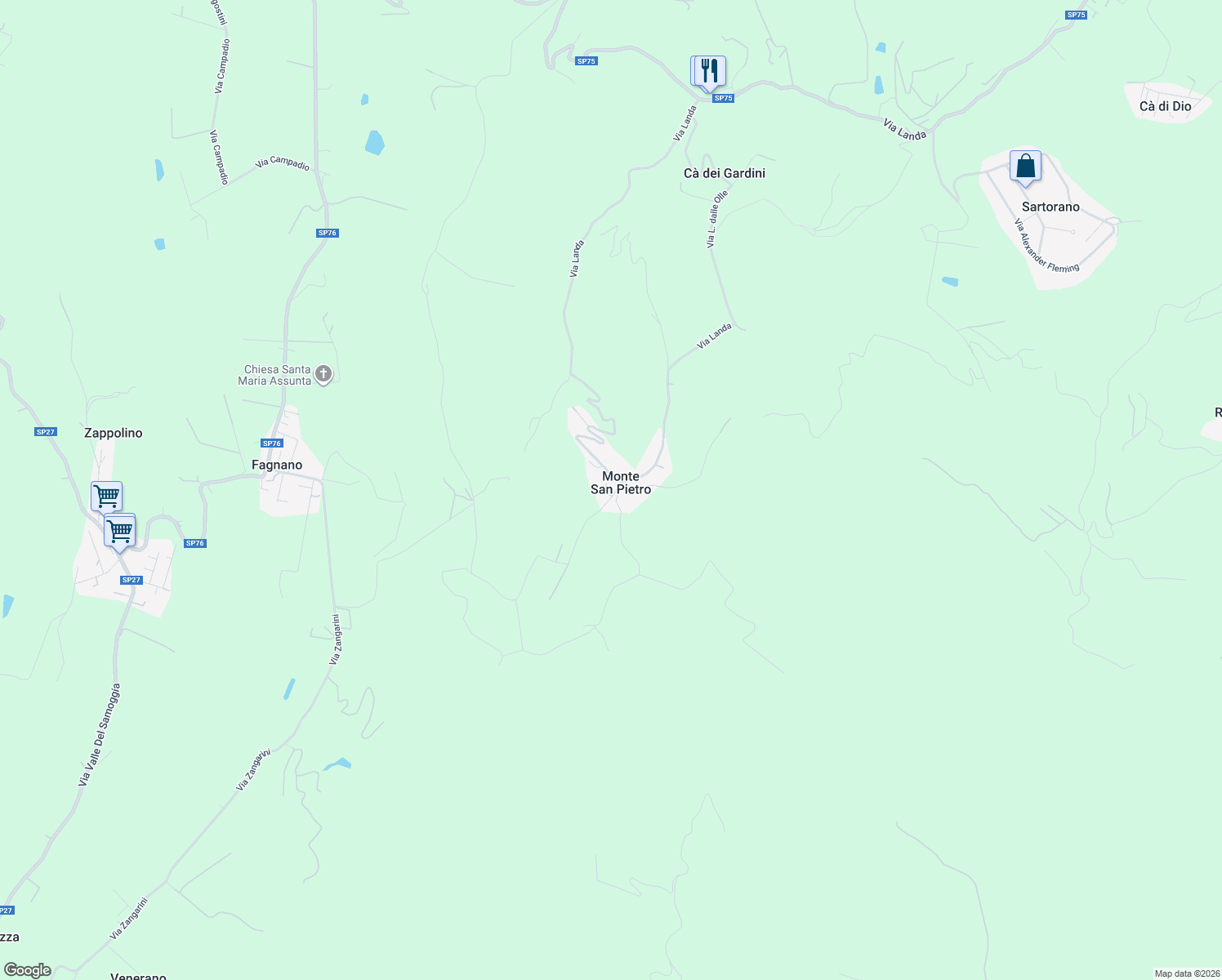 map of restaurants, bars, coffee shops, grocery stores, and more near 3 Via Castello in Monte San Pietro