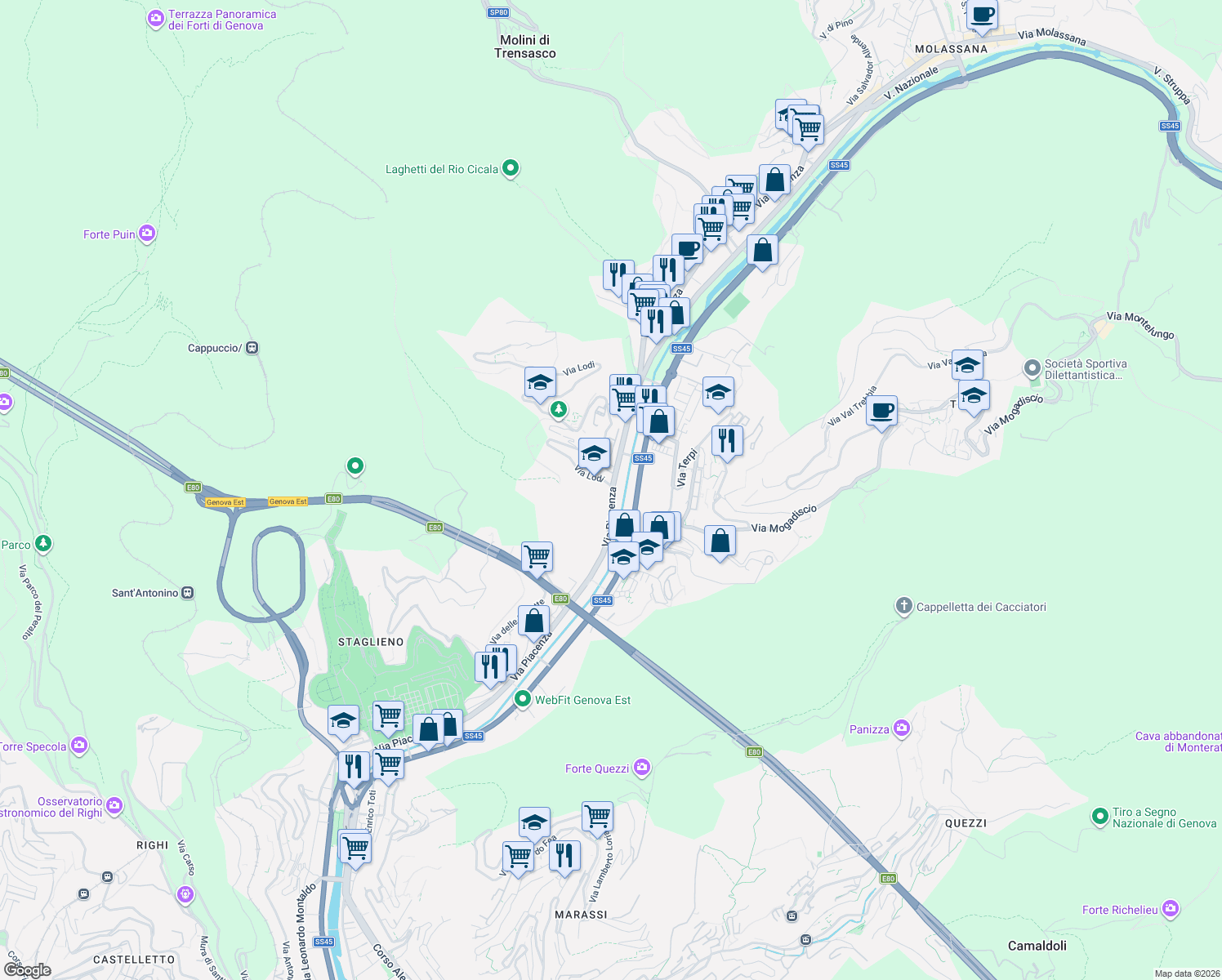 map of restaurants, bars, coffee shops, grocery stores, and more near 146 Via Piacenza in Genova