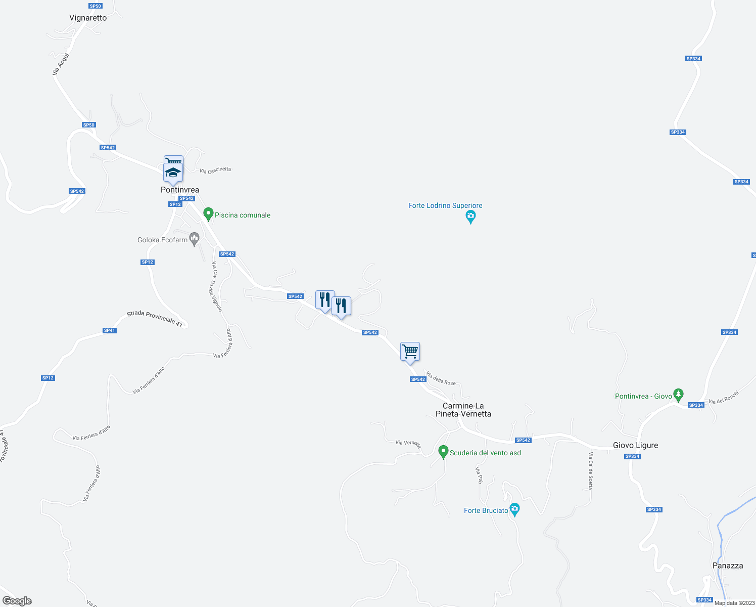 map of restaurants, bars, coffee shops, grocery stores, and more near 42 Località la Pineta in Carmine-la Pineta-vernetta