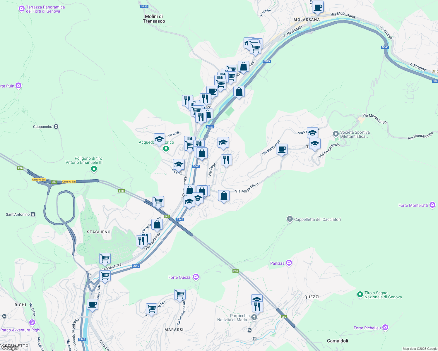 map of restaurants, bars, coffee shops, grocery stores, and more near 6C Via Mogadiscio in Genova