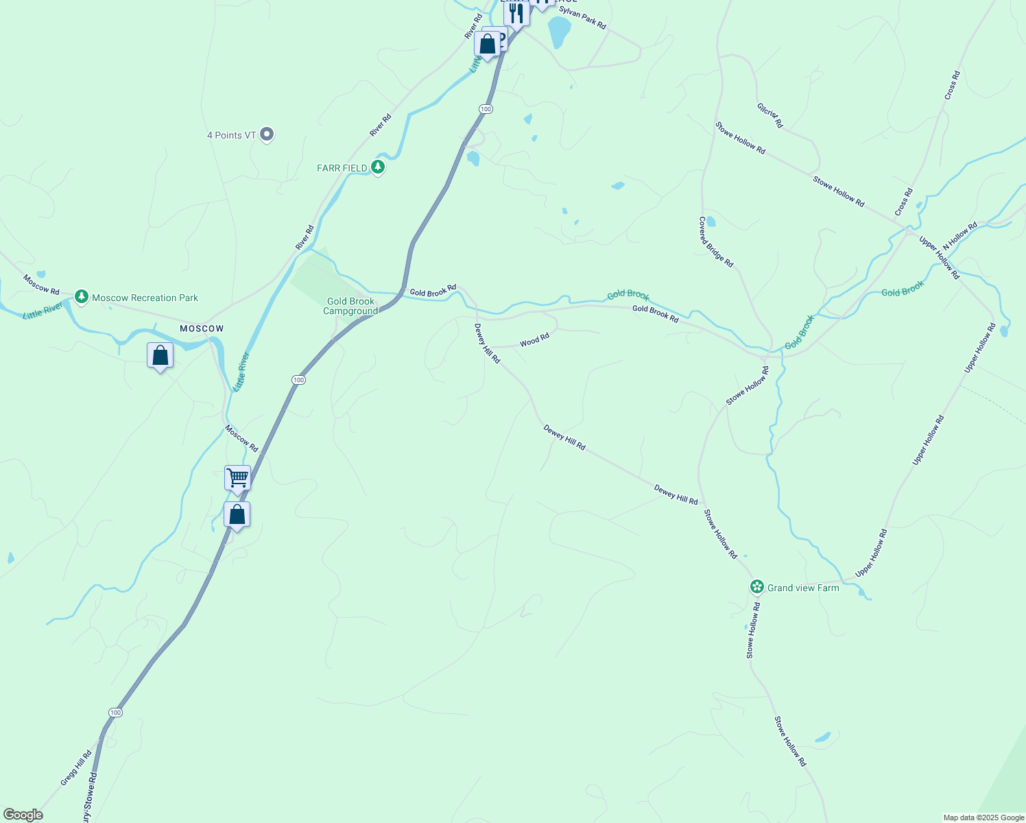 map of restaurants, bars, coffee shops, grocery stores, and more near 46 N Hill Rd in Stowe