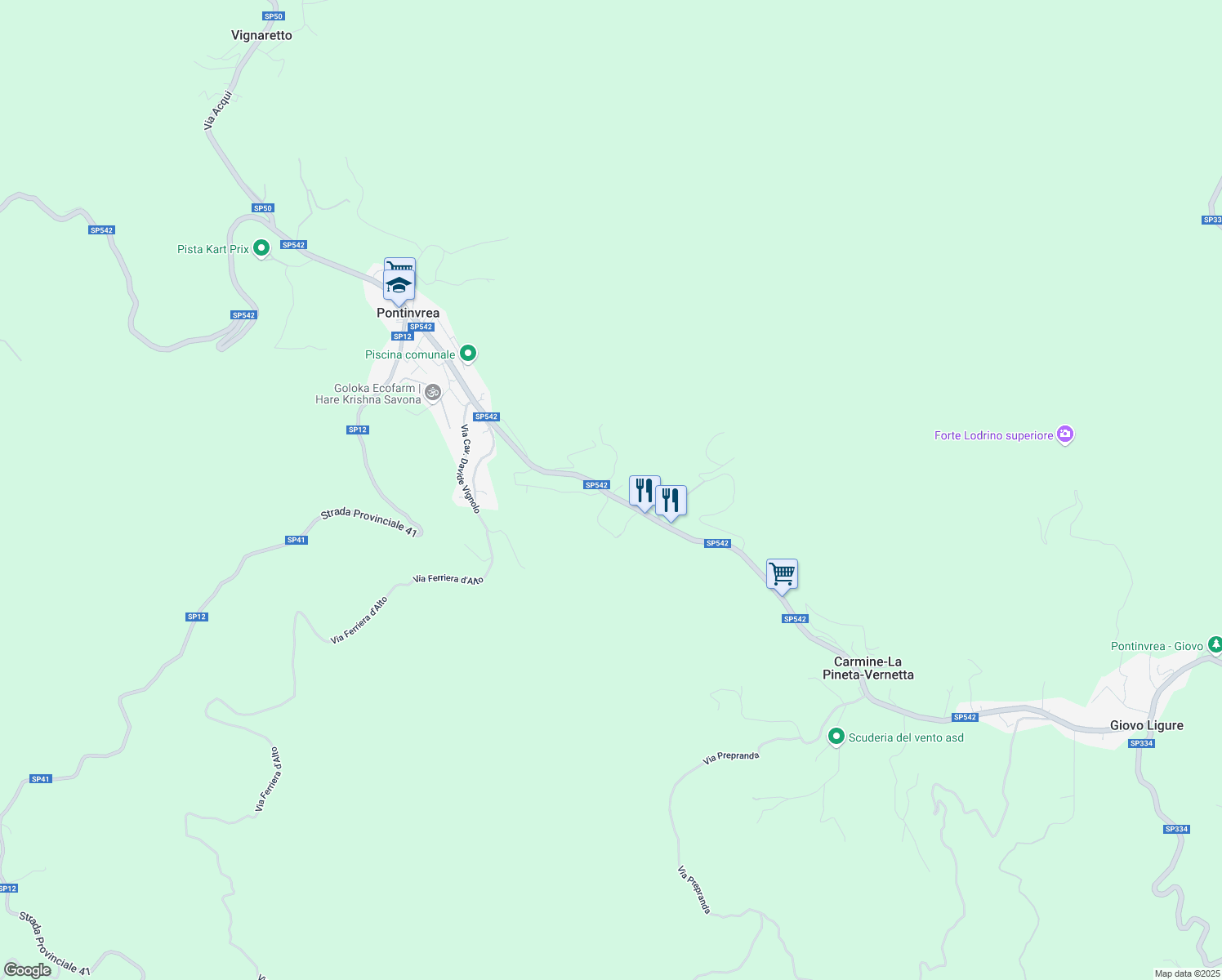 map of restaurants, bars, coffee shops, grocery stores, and more near 17 Via Giovo in Pontinvrea