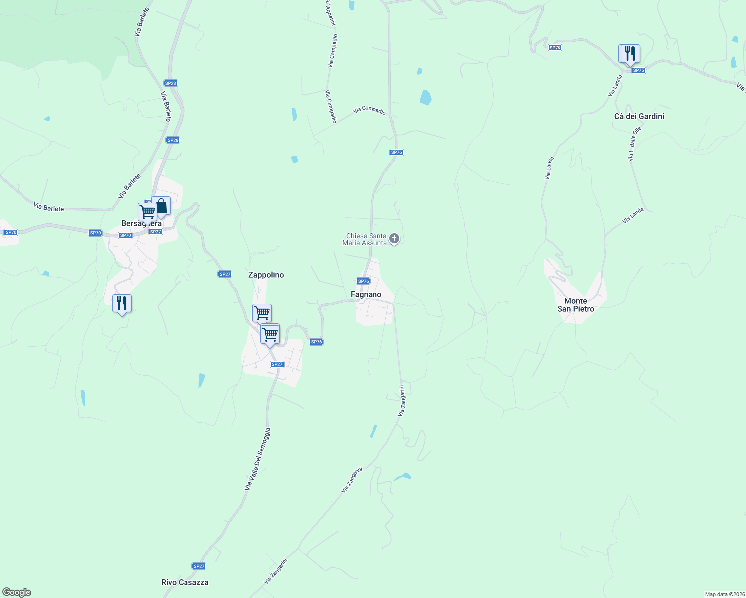 map of restaurants, bars, coffee shops, grocery stores, and more near 91 Via Onorio II in Fagnano