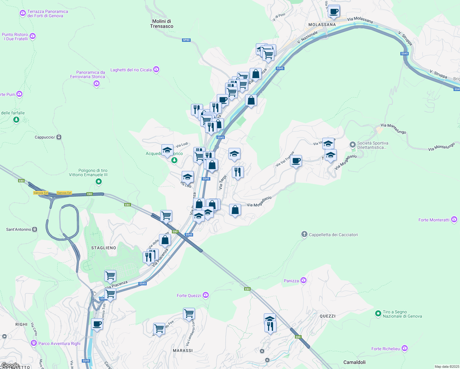 map of restaurants, bars, coffee shops, grocery stores, and more near 6C Via Mogadiscio in Genova