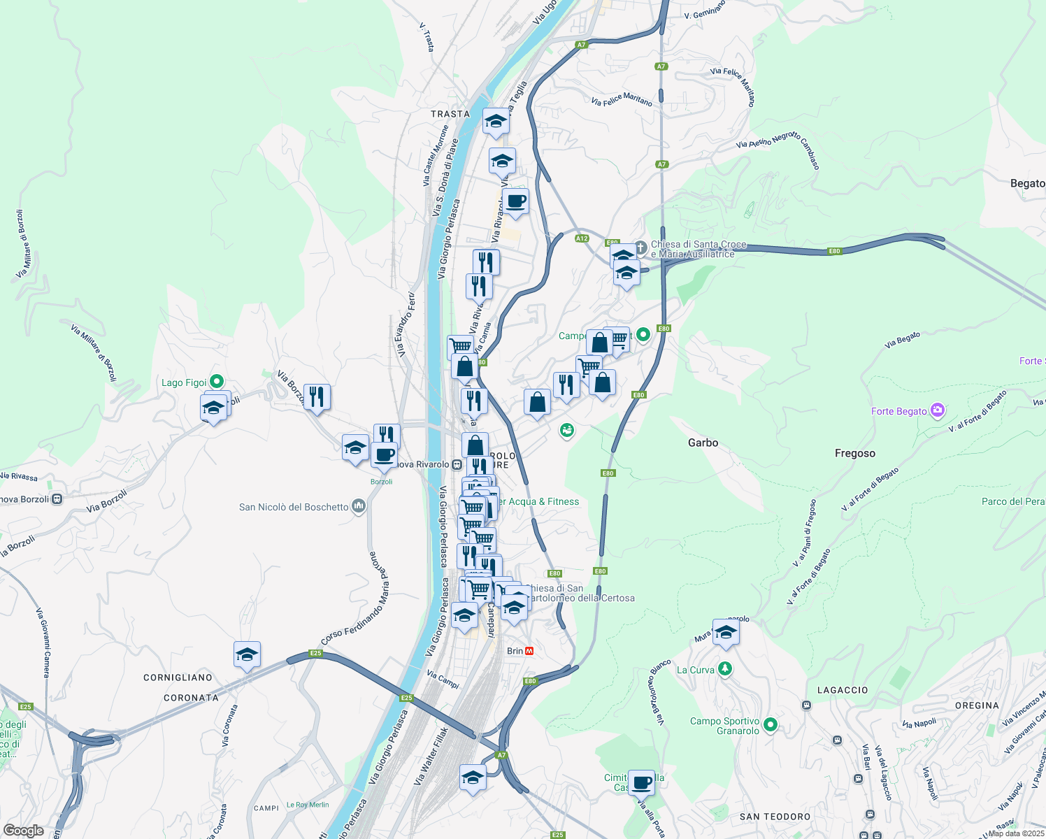 map of restaurants, bars, coffee shops, grocery stores, and more near 40 Via Faliero Vezzani in Genoa