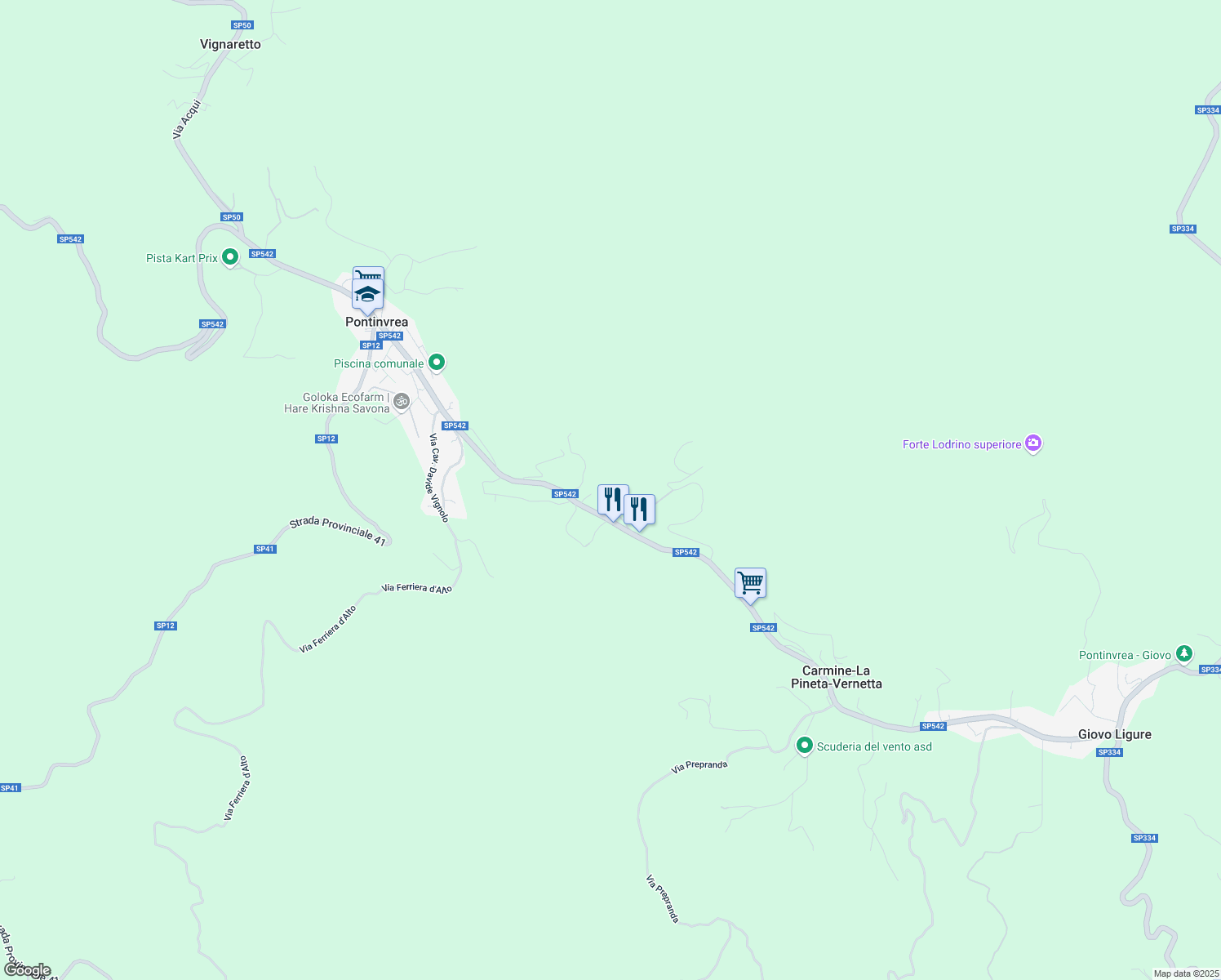map of restaurants, bars, coffee shops, grocery stores, and more near 17 Via Giovo in Pontinvrea