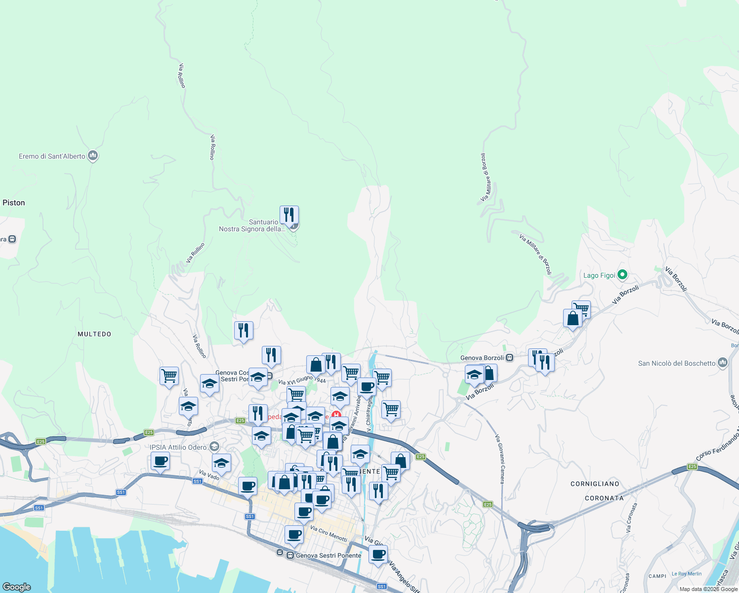 map of restaurants, bars, coffee shops, grocery stores, and more near 161 R Via Chiaravagna in Genova